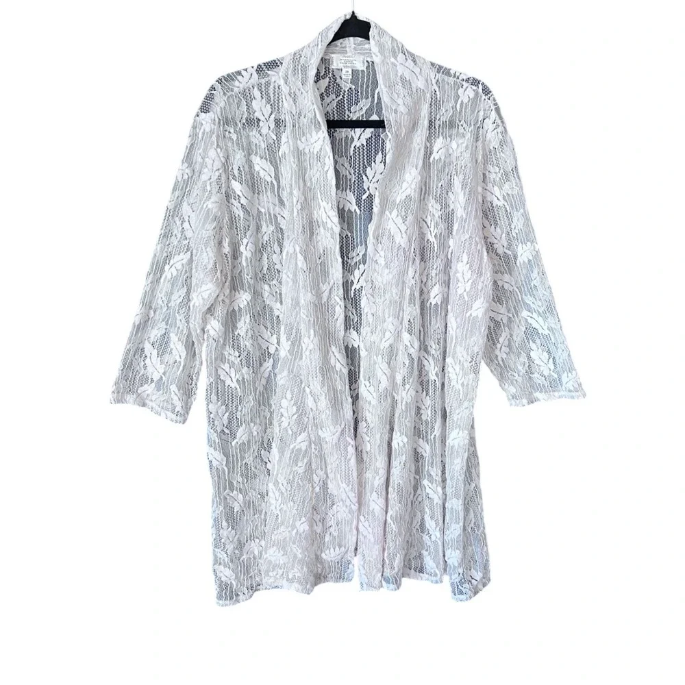 Shannon Ford New York White Floral‎ Lace Cardigan Open Front Sheer Kimono 2X